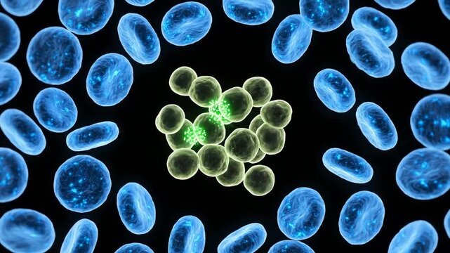 Cancer cells slowing down after chemotherapy exposure. Bright mitotic signals fade into calmer, controlled rhythms, while surrounding healthy cells maintain stable metabolic glow