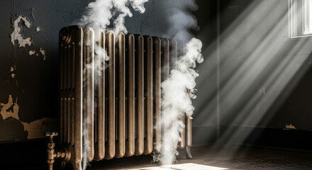 Vintage radiator emitting steam in a dimly lit room with sun rays streaming through a window, creating a warm and nostalgic atmosphere of comfort and tranquility
