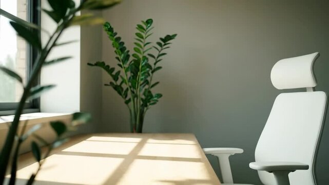 Modern office with ZZ plant, chair, and desk in natural light for a healthy lifestyle in a serene and tranquil home office environment.