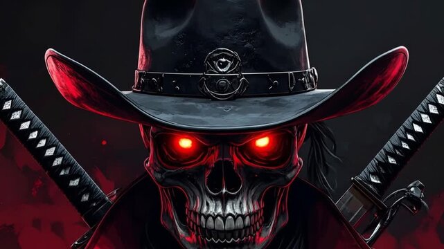 A menacing skull in a cowboy hat, red eyes, and katana swords against a dark background