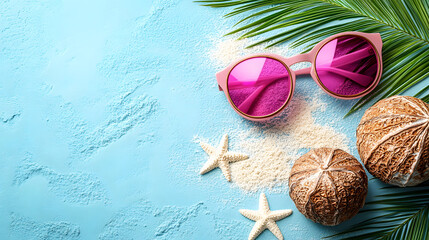 beach background, top view. summer day,Summer Vacation Banner with Shell, Palm Leaves, and Straw Hat on Blue Background
