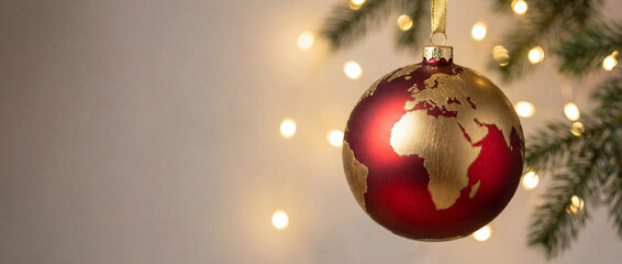 Gold and red Christmas globe ornament with world map, festive holiday decor