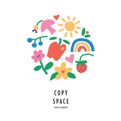 Spring greeting card template with naive doodles and childlike charm, vector flat cartoon illustration about love, celebration. Flowers, rainbow and sun for holiday cards, invitations with copy space