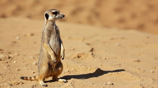 A curious meerkat stands alert on a sandy desert landscape.