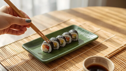 Hand picking sushi roll with wooden chopsticks from green plate, japanese cuisine dining, fresh seafood, healthy eating, asian food culture, gourmet lunch