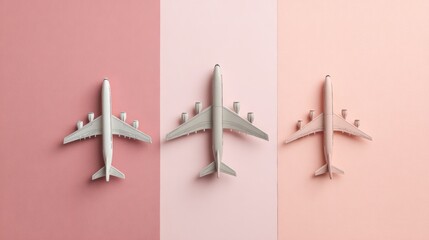 Three model airplanes, showcasing variations in size and design, are meticulously arranged against a backdrop of pastel pink, creating a sense of order and subtle aesthetic harmony.