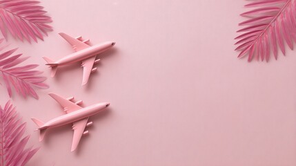 Pink planes are arranged with pink leaves, evoking a sense of travel and tranquility, making it ideal for travel, vacation and tourism-related projects.