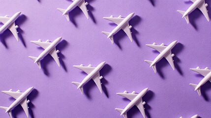 An array of miniature airplane models arranged against a vibrant, pastel purple backdrop, creating a captivating visual of flight and travel.