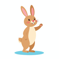 Fototapeta premium Cute cartoon brown rabbit standing on its hind legs and waving with one paw, isolated on a white background.