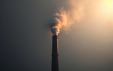Tall industrial smokestack releases a plume of smoke and pollutants into the sky at sunset.