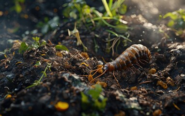Centipede Crawling Through Dark Damp Soil