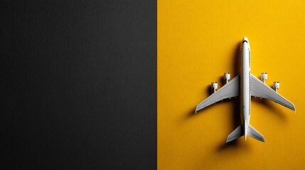 A striking top-down view of a toy airplane with the left side of the plane in shadow and the right side brightly lit on yellow background. The contrasting colors add drama to the simple design.