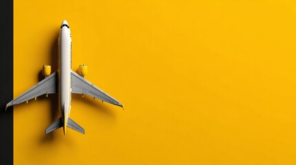 An overhead shot showcases a miniature airplane against a bright yellow background. The airplane, perfectly positioned, suggests travel and adventure.