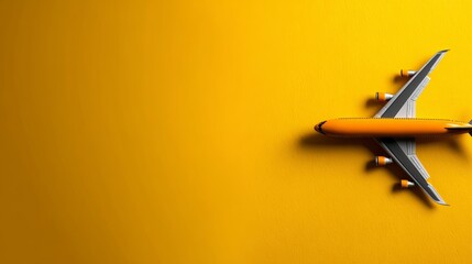 A toy airplane soaring on a vibrant yellow backdrop, ready to journey.