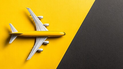 An overhead view of a miniature, sleek aircraft against a vibrant, bi-colored backdrop, embodies the concept of air travel and adventure.