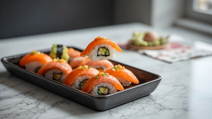 Salmon sushi rolls arranged on black rectangular plate with one floating, japanese cuisine presentation, gourmet seafood maki, asian food art
