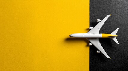 A miniature airplane rests on a vibrant yellow and black background, symbolizing travel and exploration. The striking contrast and clean lines evoke a sense of adventure.