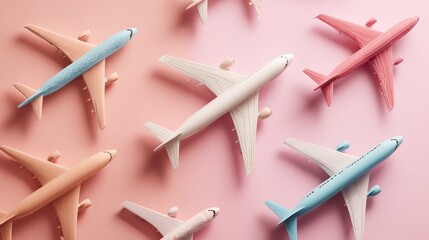 A collection of pastel-colored airplane models arranged against a vibrant pink backdrop, evoking a sense of wanderlust and travel. 
