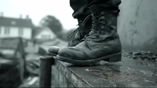 A close-up of rugged military boots in a gritty outdoor setting.