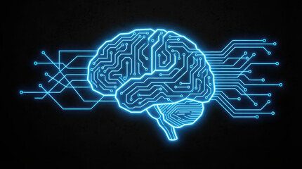 Glowing blue brain with circuit board pathways on black background.