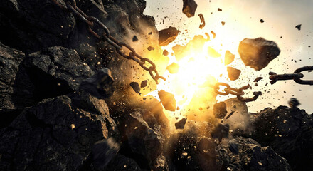 Dramatic breaking of rusty metal chains with explosion and flying rocks representing freedom and liberation concept