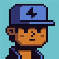 Pixel art avatar character wearing cap, retro 8bit style portrait. Cute game hero face icon for profile, RPG game, indie project, mobile app and digital interface.