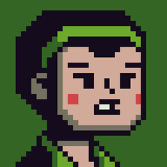Pixel art female avatar portrait with expressive face and headband. Retro 8bit style character for games, profiles, RPG projects, indie development, UI design and digital illustrations.