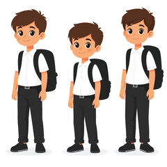 Fototapeta premium Three happy cartoon schoolboys wearing uniforms and backpacks, ready for school.