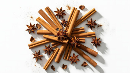 Cinnamon sticks and star anise spices arranged on a white background