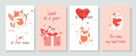 Cute vector set of Valentine's Day greeting cards with adorable cats. Romantic festive illustrations in soft pink colors for love messages, posters and invitations. Fun and whimsical holiday design © Катерина Фирсова