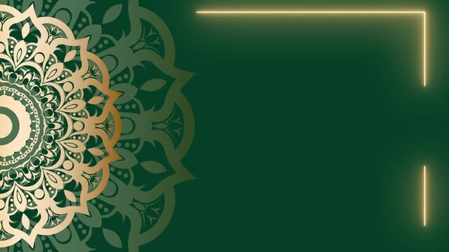 Elegant Green Mandala Background with Golden Ornate Design and Neon Frame.