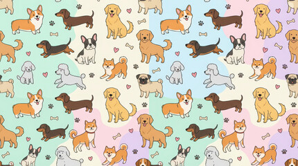 Colorful seamless pattern of various cartoon dogs and hearts.