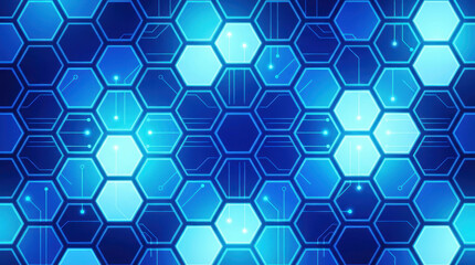 A vibrant blue hexagonal pattern with glowing cells and subtle circuit lines, representing digital technology and data.