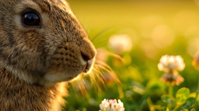 Close-up of brown rabbit on a field of clover, springtime, animal, nature, flowers, and soft light.