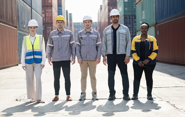 Portrait engineer and worker team working in logistic terminal of container cargo, Diverse construction team in safety gear outdoors