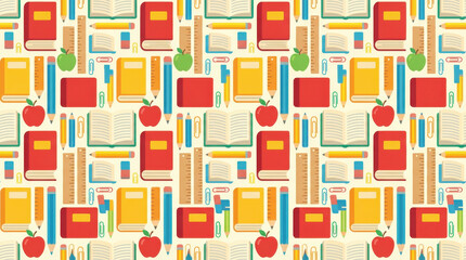 book, pencil, apple, seamless pattern with colorful squares