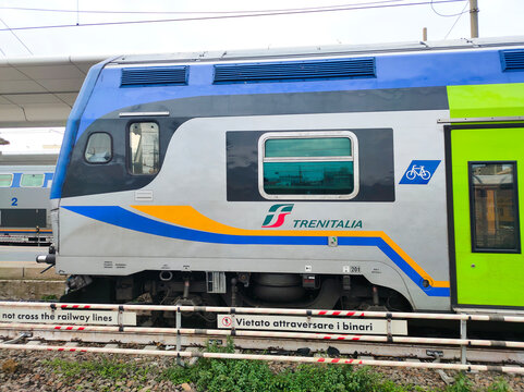 Civitavecchia, Italy- December 19, 2025: Trains of Trenitalia at Civitavecchia railway station at Italy.