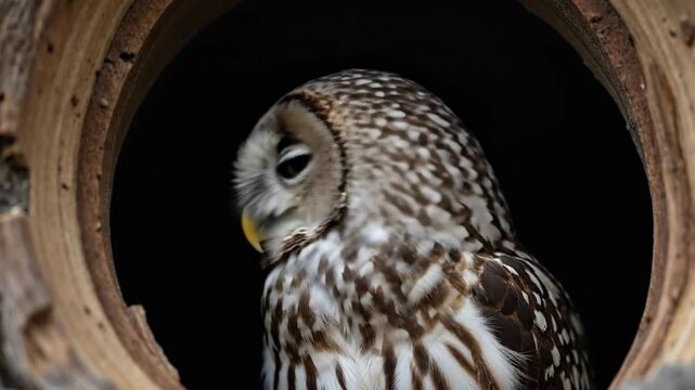 A serene owl peering out from a rustic wooden hole.