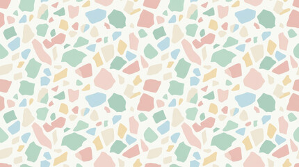 A pastel colored abstract terrazzo pattern with irregular shapes on a light background, creating a modern and playful design.
