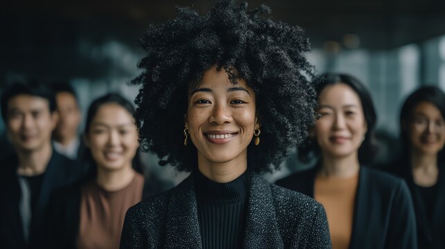 A diverse group of professionals confidently face the viewer, radiating positivity and collaboration within a modern, subtly blurred office environment, emphasizing inclusivity.