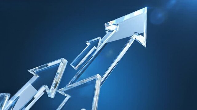 Clear faceted crystalline arrows ascend diagonally across a deep blue background with a bright light emanating from the tip of the foremost arrow