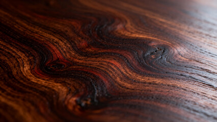 Close-up of richly grained dark wood surface with swirling patterns and warm tones