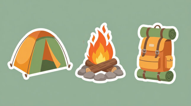 Cartoon stickers of camping essentials including a tent, a campfire, and a backpack, on a green background.