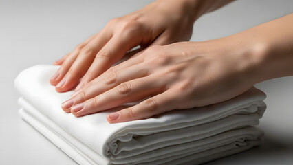 Hands folding clean white towels or laundry on a light surface