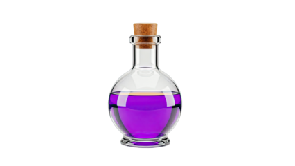 Glass bottle with purple liquid and cork stopper