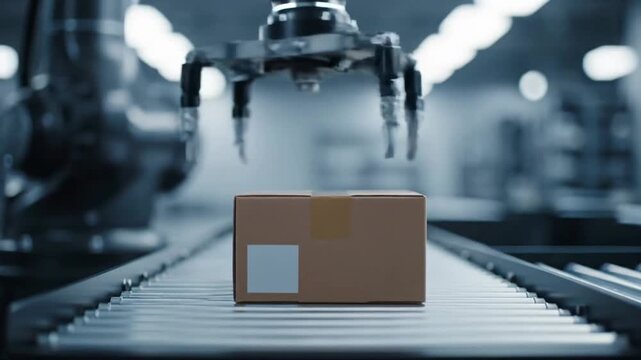 Automated robotic arm lifting cardboard box on conveyor belt in factory, technology