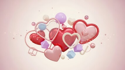 Colorful 3D Hearts and Geometric Shapes on Soft Background