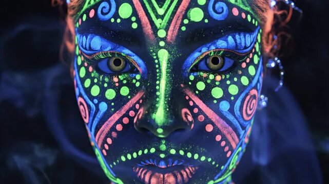 Closeup of a persons face adorned with intricate glowing neon green blue and orange patterns under blacklight featuring yellow eyes and a smoky background