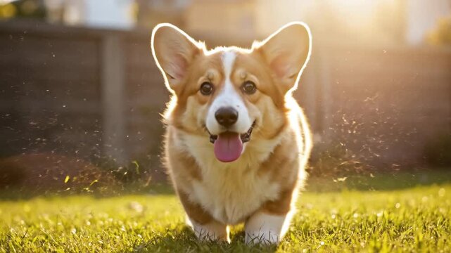 A joyful corgi running on the grass in warm sunlight.