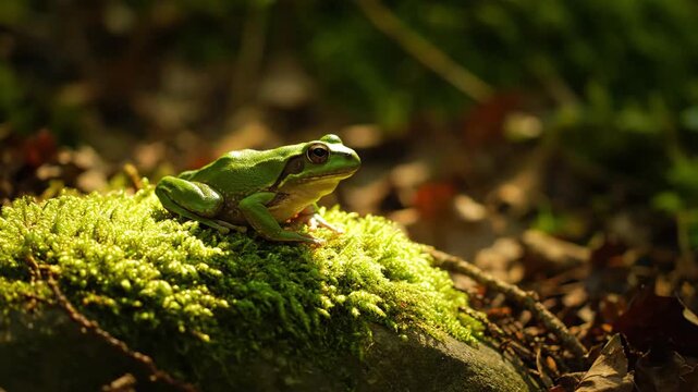Green frog sits on moss in forest. Wildlife, animal, nature, amphibian, macro, environment, tree frog.